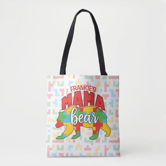 Bolsa Tote Crianças Personalizadas NOME Mama Urso Autismo Sen (Frente)
