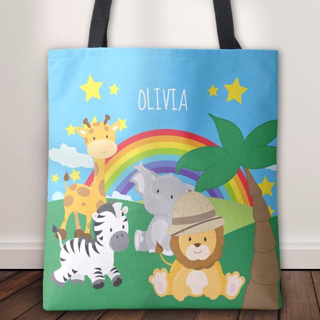 Bolsa Tote Crianças Safari Selva Animais e Nome (Criador carregado)