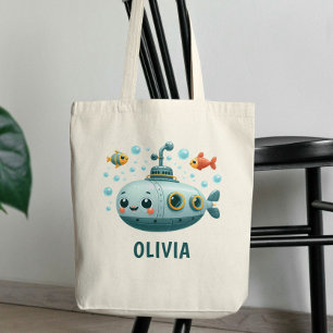 Bolsa Tote Crianças Sorrindo Submarino Fofo com Peixes e Bolh