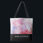 Bolsa Tote Criar seu próprio saco pintado à mão do casamento<br><div class="desc">Splatter pintado à mão moderno da aguarela,  vermelho,  rosa,  cores azuis. 
Criar sua própria parte traseira wedding.
Em seu próprio texto na parte dianteira do saco goste,  a madrinha de casamento,  mãe da noiva e você pode adicionar o nome pessoal na parte traseira.
.</div>