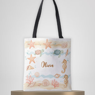 Bolsa Tote Criaturas Marinhas Bebês em Aquarela Caprichosa