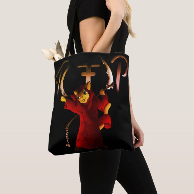 Bolsa Tote Crimson Red Grim Reaper Cat (Close Up)