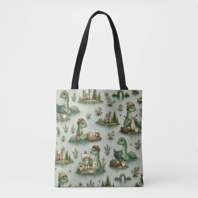 Bolsa Tote Criptídeos Aconchegantes Nessie Monstro do Lago Ne (Frente)
