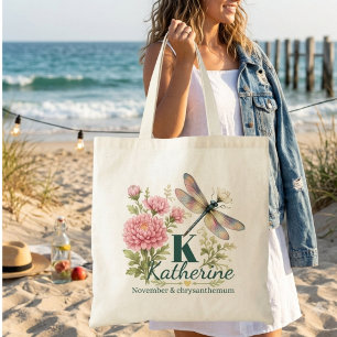 Bolsa Tote Crisântemo e Libélula Flor de Nascimento de Novemb