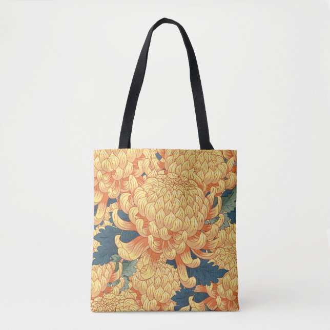Bolsa Tote crisântemos japoneses: padrão floral amarelo. (Frente)