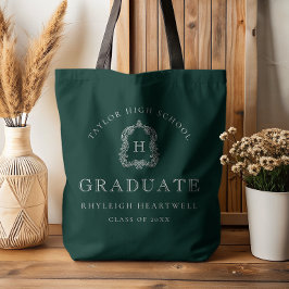 Bolsa Tote Crista de Monograma Verde Escuro Branco Graduação