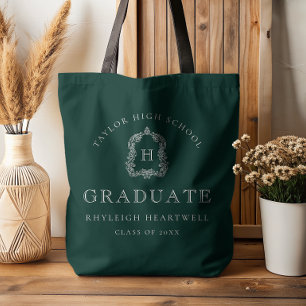 Bolsa Tote Crista de Monograma Verde Escuro Branco Graduação