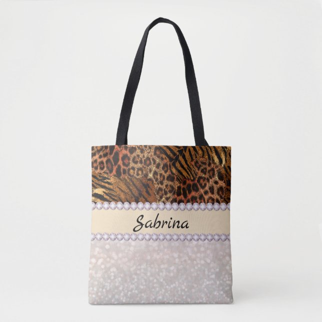 Bolsa Tote cristais de brilho de diamante rosa de tigre-leopa (Frente)