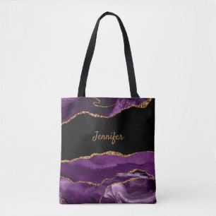 Bolsa Tote Cristal de Ágata Preto Roxo Moderno Nome Personali