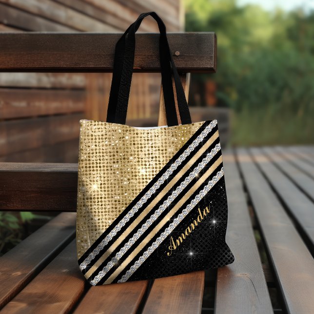 Bolsa Tote Cristal Dourado E Negro Personalizado na moda faux (Criador carregado)