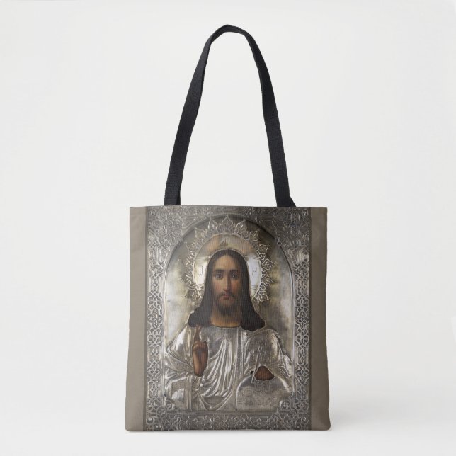 Bolsa Tote Cristo Pantocrator Silver Oklad Riza Ícone Russo (Frente)
