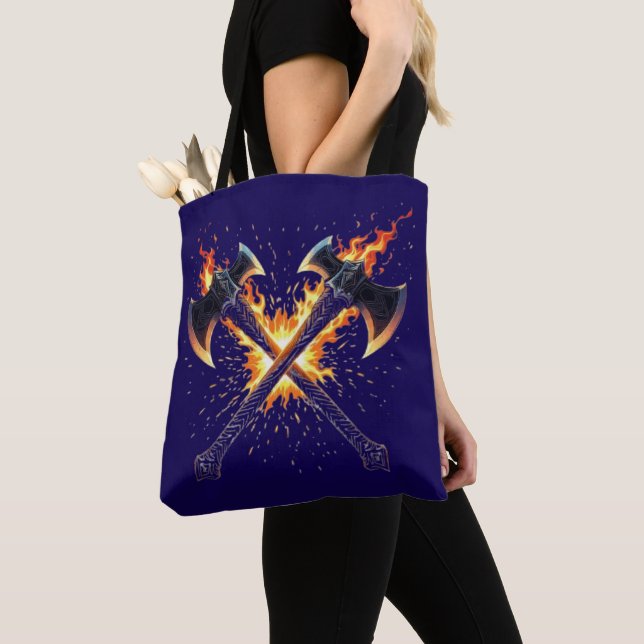 Bolsa Tote Crossed Fantasy Axes with Fiery Energy – Powerful  (Close Up)
