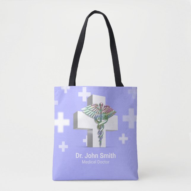 Bolsa Tote Cruz Branca Holográfica Médica 3D Caduceus (Frente)