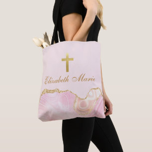 Bolsa Tote Cruz Cristã Elegante Personalizada em Ouro Rosa