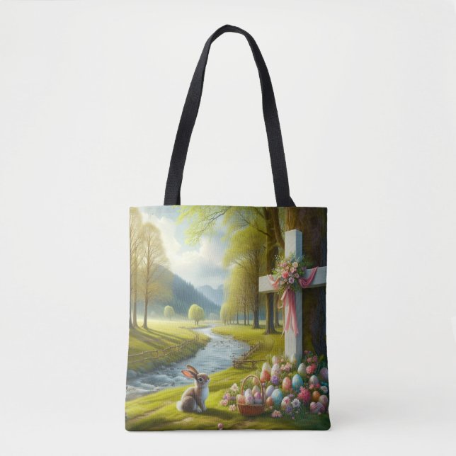 Bolsa Tote cruz de páscoa com coelho e ovos (Frente)