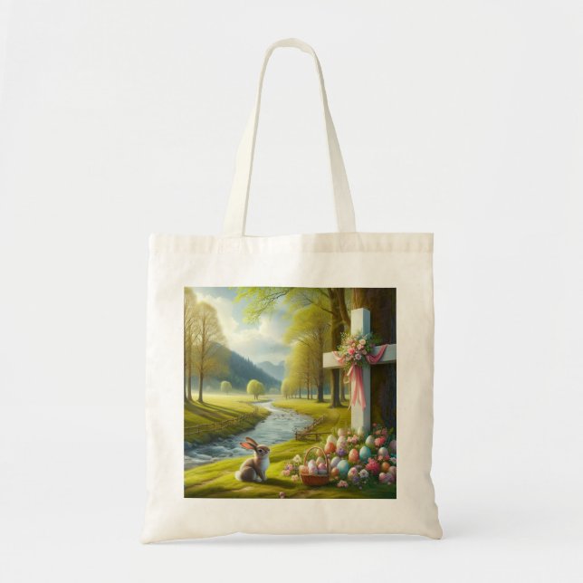 Bolsa Tote cruz de páscoa com coelho e ovos (Frente)