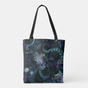 Bolsa Tote Cthulhu Gótico Tentáculo Turquesa Com Flores