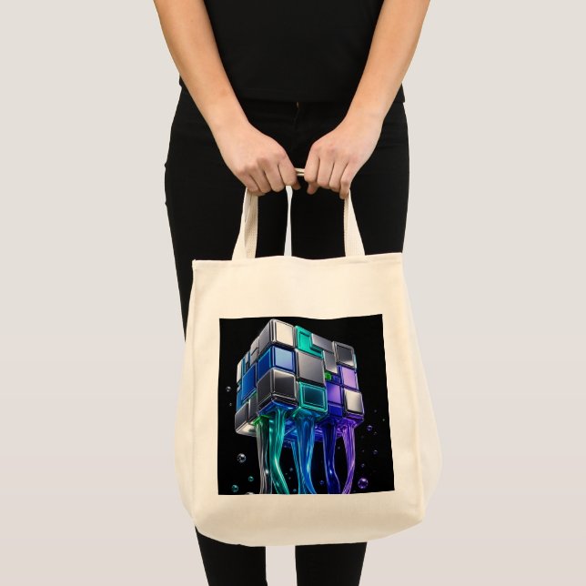 Bolsa Tote Cubo de Quebra-Cabeça Futurista de Cromo (Frente (produto))