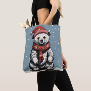 Bolsa Tote Cubo de Urso Bonito com Beanie e Scarf em Queda de
