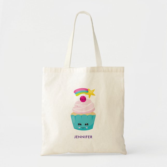 Bolsa Tote Cupcake azul-bonito com a face Kawaii (Frente)
