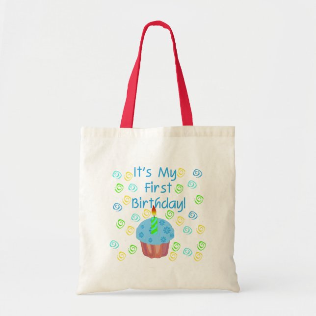 Bolsa Tote Cupcake azul com da vela aniversário primeiramente (Frente)