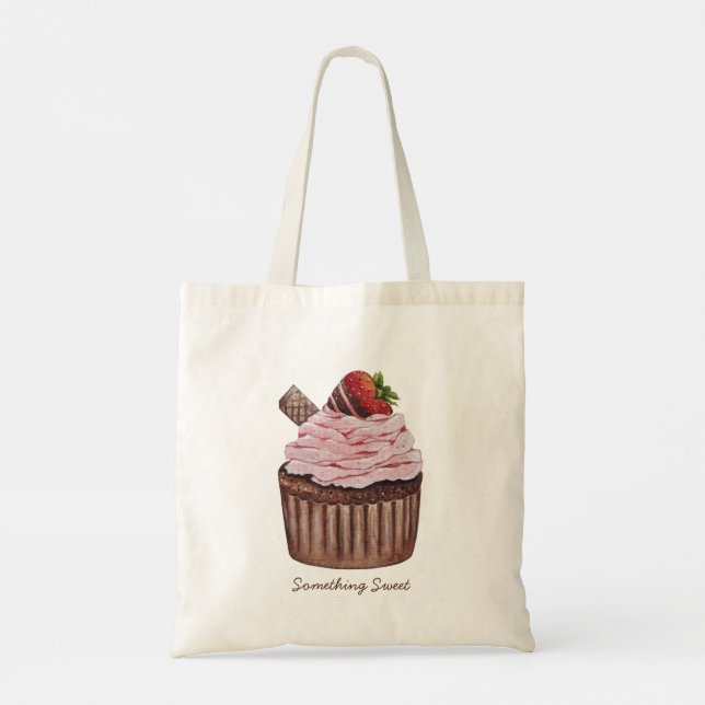 Bolsa Tote Cupcake De Morango Cujo Cama É Em Aquarela (Verso)