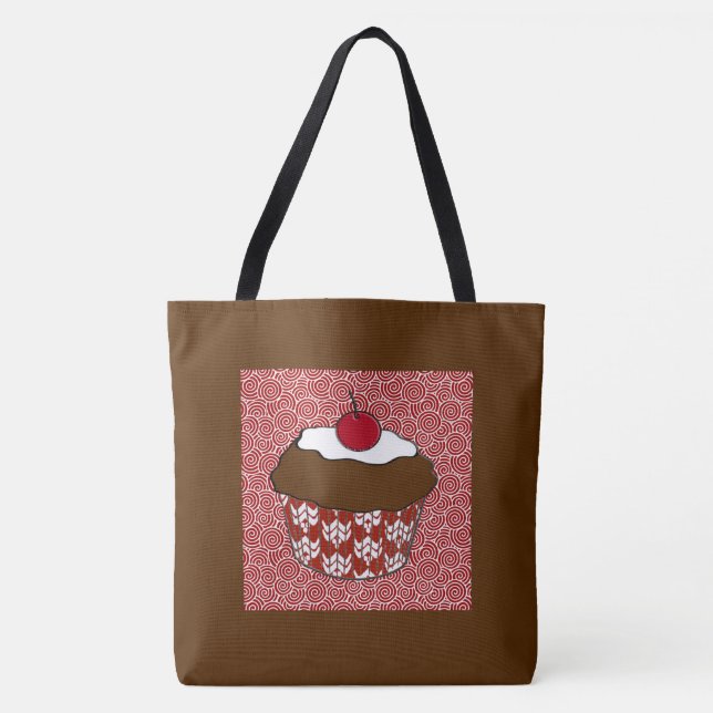Bolsa Tote Cupcake do chocolate no teste padrão vermelho e (Frente)