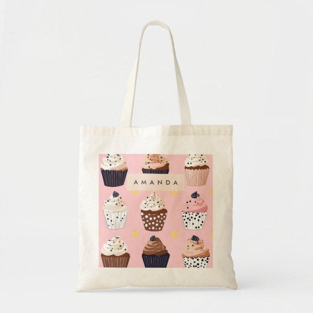 Bolsa Tote Cupcake doçoso personalizado monograma (Frente)