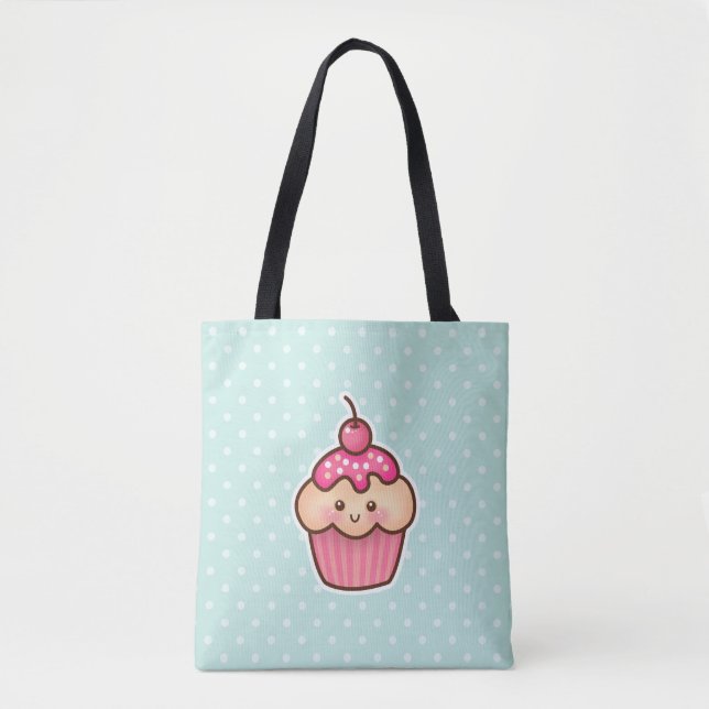 Bolsa Tote Cupcake rosa Kawaii e Bolinhas azuis de Casa Branc (Frente)