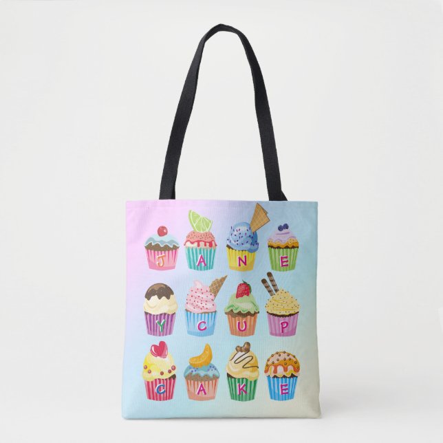 Bolsa Tote Cupcakes Adicione Seu Nome Monograma Delicious (Frente)