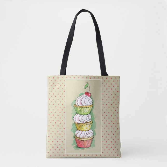 Bolsa Tote Cupcakes da aguarela. Ilustração da cozinha (Frente)