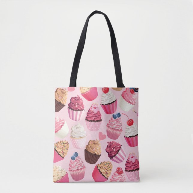 Bolsa Tote Cupcakes Rosa Pastel: Padrão Vintage. (Frente)