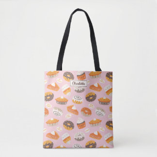 Bolsa Tote Cupcakes, rosquinhas e tortas em rosas claro