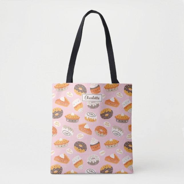 Bolsa Tote Cupcakes, rosquinhas e tortas em rosas claro (Frente)
