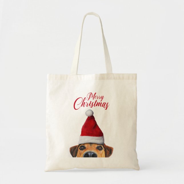 Bolsa Tote Curioso Cachorro Engraçado com Papai Noel (Frente)
