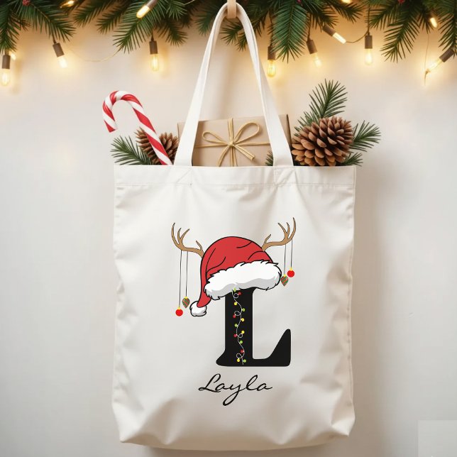Bolsa Tote Custom Christmas Alphabet Monogram Tote Bag (personalized Christmas gift, holiday season tote, Christmas office gift, Christmas bag for coworkers)