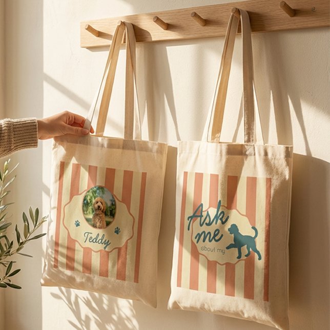 Bolsa Tote Custom Golden Doodle Photo Name Terracotta Stripes (Criador carregado)