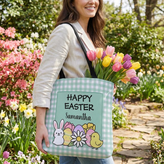 Bolsa Tote Custom Happy Easter Bunny Chick Green Gingham (Criador carregado)