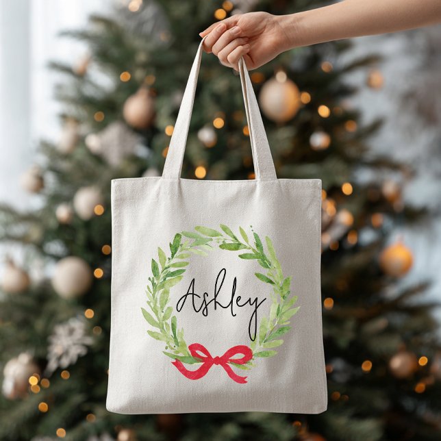 Bolsa Tote Custom Name Christmas Wreath Tote Bag for Women (personalized christmas tote, custom holiday tote, christmas wreath bag, holiday gift for her,)
