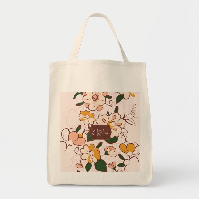 Bolsa Tote Custom Name Cream Floral Retro Bloom Botanical (Frente)