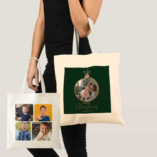 Bolsa Tote custom photo collage Merry Christmas bauble (Criador carregado)