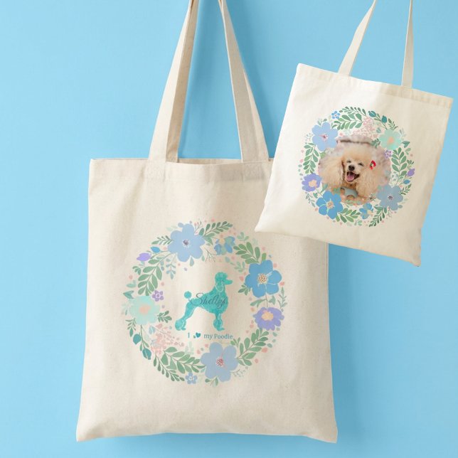 Bolsa Tote Custom Photo Poodle Tote – Pastel Blue Floral (Criador carregado)