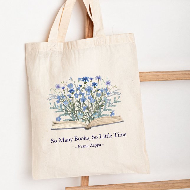 Bolsa Tote Custom Quote Blue Wildflowers Grow From Book (In situ)