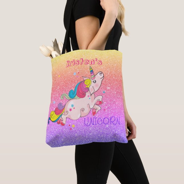 Bolsa Tote CustomText/ Rainbow Kawaii Unicorn Glitter Ombre (Close Up)