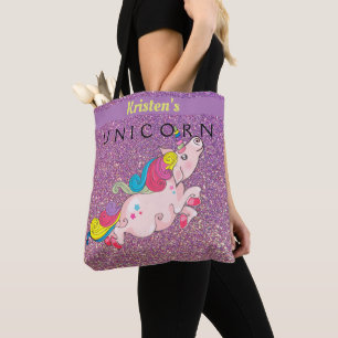 Bolsa Tote CustomText/ Unicorn Kawaii Dourado Brilho Roxo