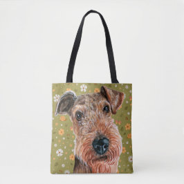 Bolsa Tote Cute Airedale Terrier e Flor Verde Padrão