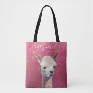 Bolsa Tote Cute Alpaca, Cor-de-rosa, Brilhante, DIY Name Whit
