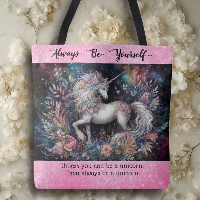 Bolsa Tote Cute Always Be A Unicorn Floral Pink Glitter  (Criador carregado)