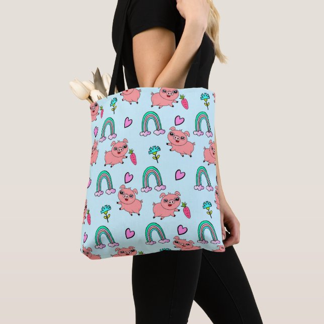 Bolsa Tote Cute and Quirky Pigs and Rainbows Pattern (Close Up)