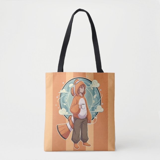 Bolsa Tote Cute Anime Boy in Clownfish Costume drinking Coffe (Frente)